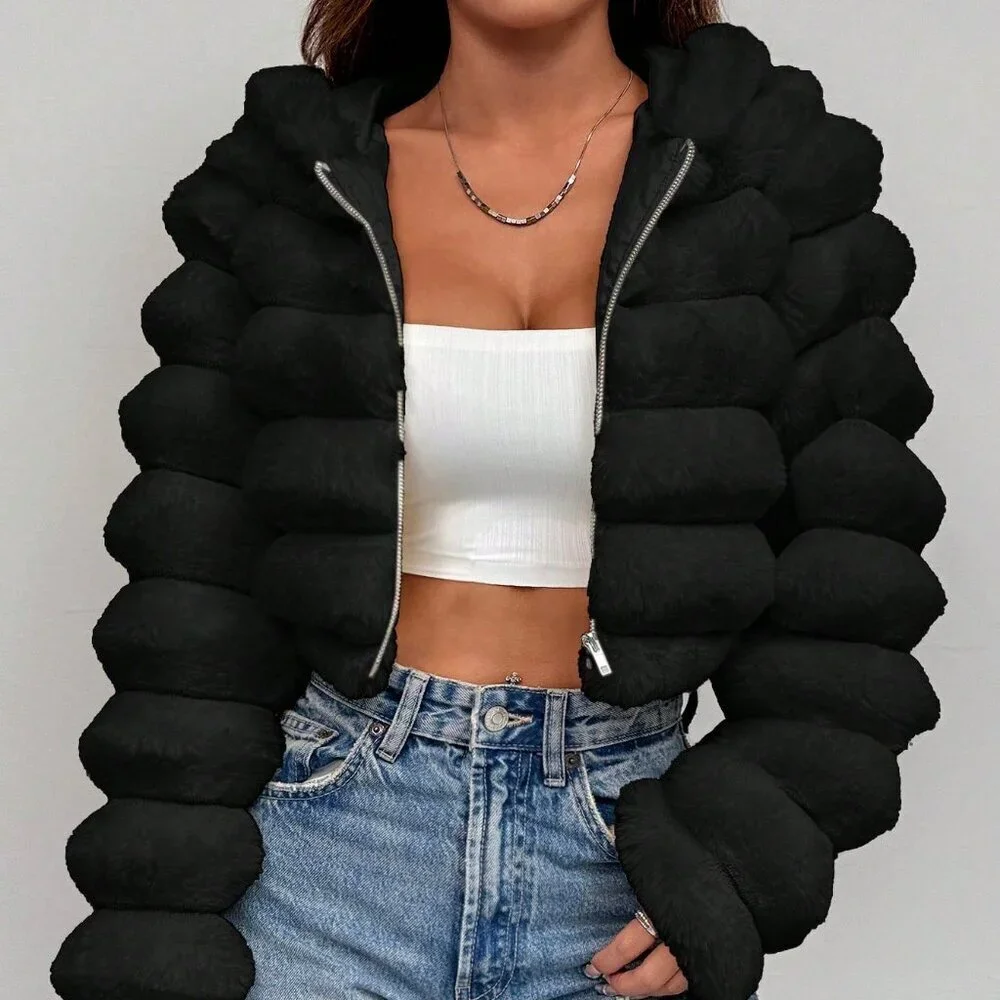 Black Casual Women's Fluffy faux fur Hooded Cropped Jacket - Picture 7 of 7